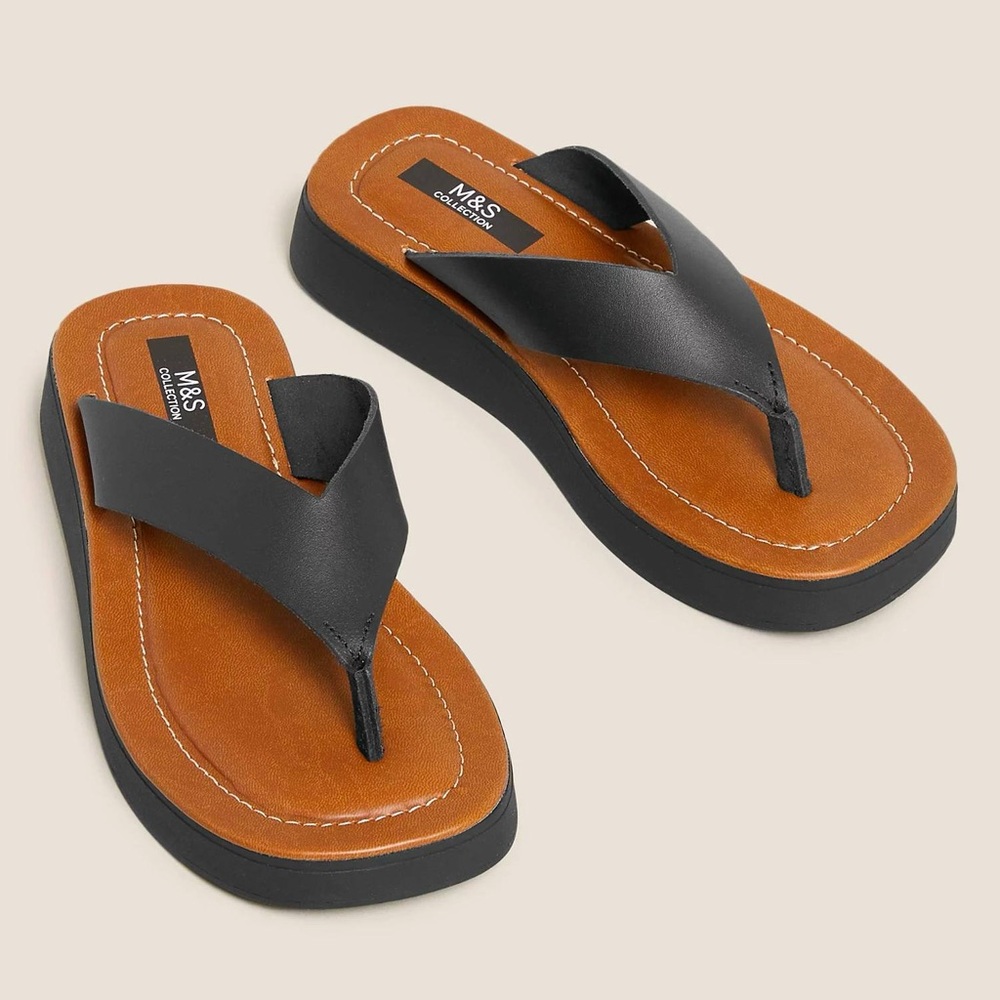 M&S Black and Tan Leather Flip Flops